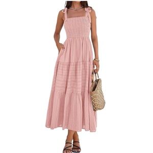 Spring Boho Spaghetti Strap Casual Sleeveless Smocked A Line Beach Sundress Maxi